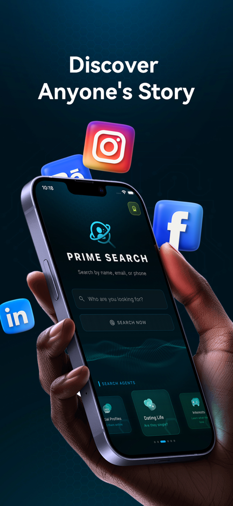 Smartphone screen showing PrimeSearch AI People Finder app with a search bar and floating social media logos