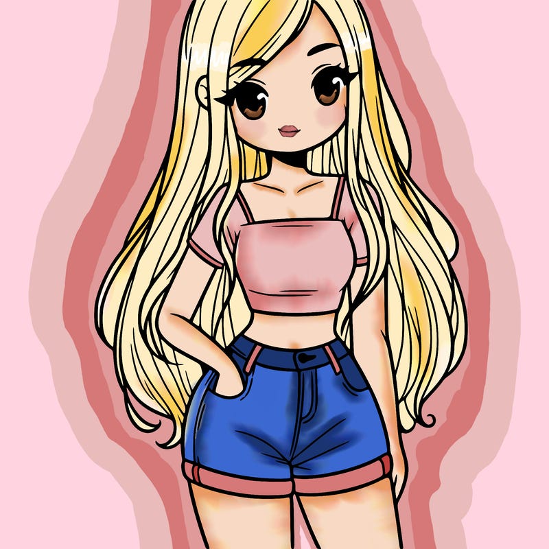 a girl with long hair wearing a crop top and shorts