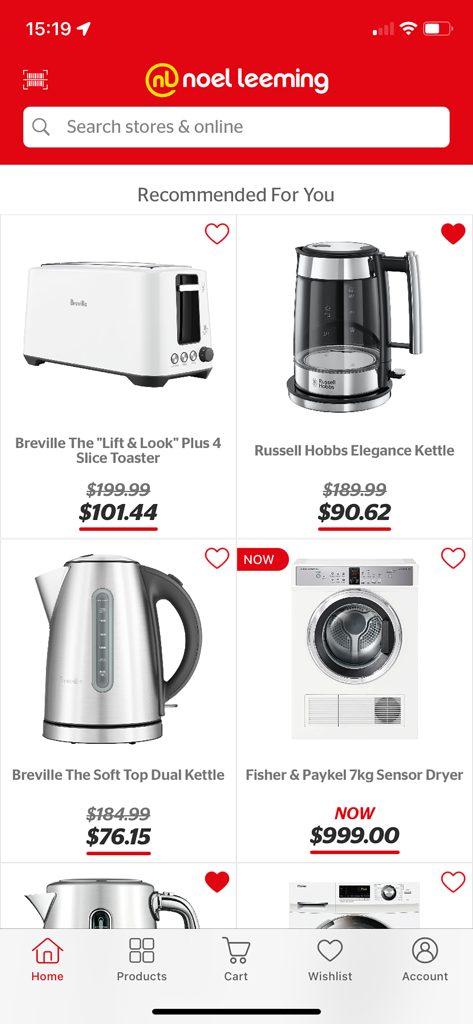 Tela inicial do aplicativo móvel Noel Leeming mostrando eletrodomésticos recomendados com preços com desconto
