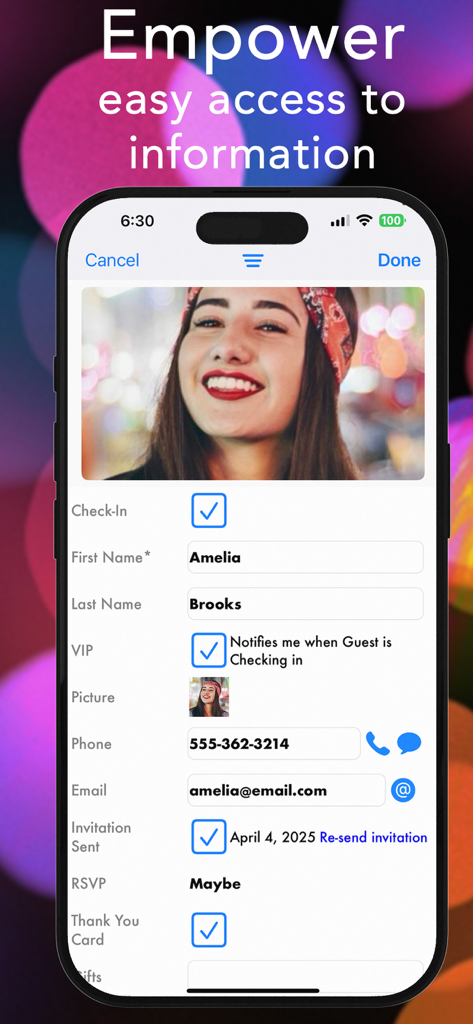 Pro Party Planner - A guest profile screen in the Pro Party Planner app displaying contact information, VIP status, and RSVP details on an iPhone.
