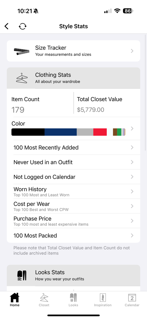 Stylebook Men - Stylebook Men app style stats screen displaying closet value and clothing analytics.