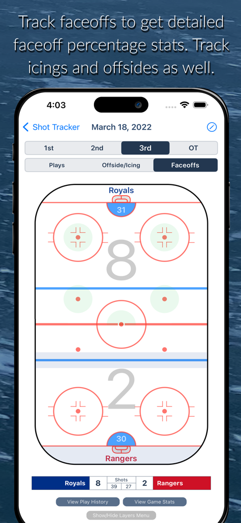 Shot Tracker mobile app interface showing a hockey rink diagram for tracking faceoffs and game statistics