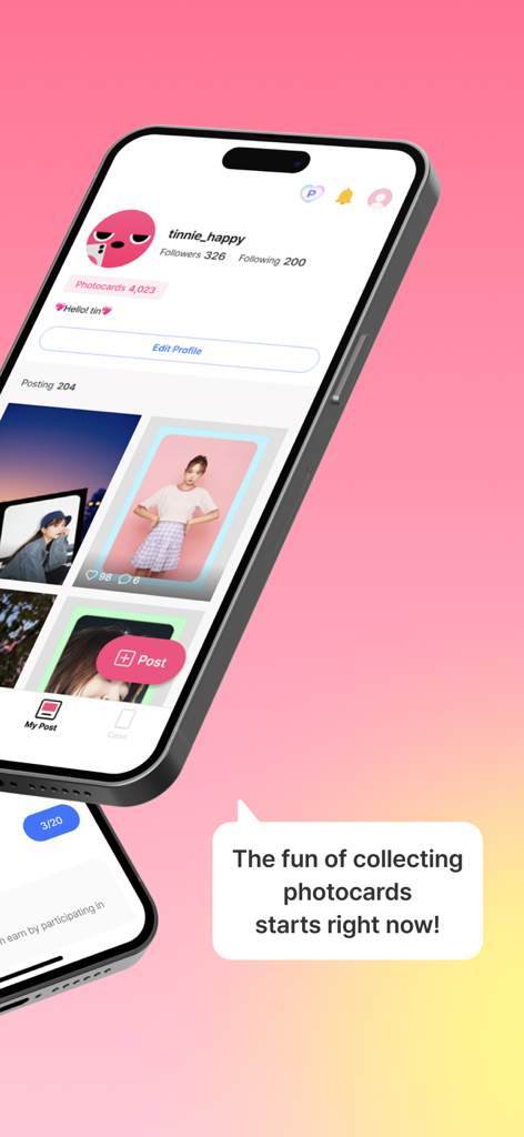 Interfaz de perfil de usuario en la app tin mostrando una colección de photocards K-pop digitales