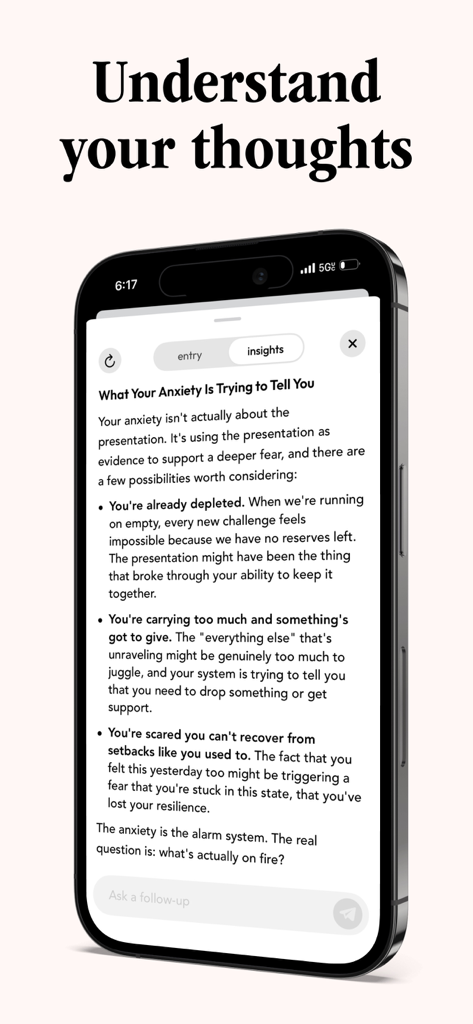 Glimpse - Voice Journal - iPhone screen showing AI-powered mental health insights about anxiety in the Glimpse app