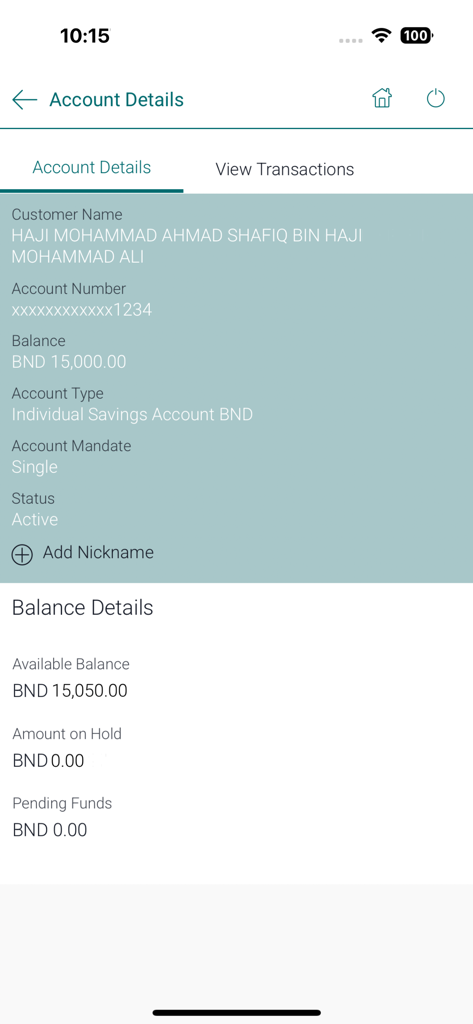 TAIBVX - Account details screen in the TAIBVX app showing savings balance and account status.