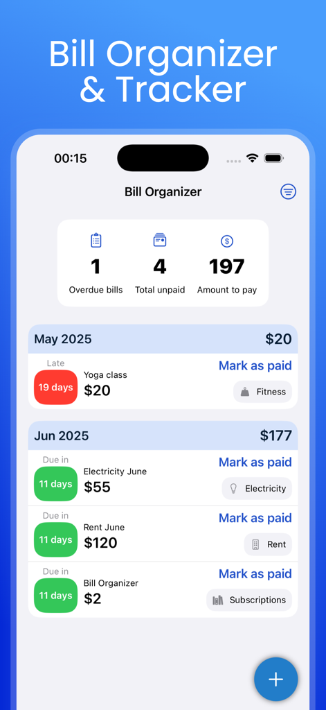 Dashboard view of the Bill Organizer app showing a list of overdue and upcoming monthly bills.