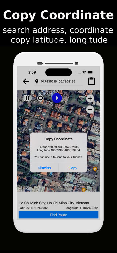 Location Maps - Measure Map - Pantalla de aplicación móvil que muestra la función de copiar coordenadas con latitud y longitud precisas en un mapa satelital