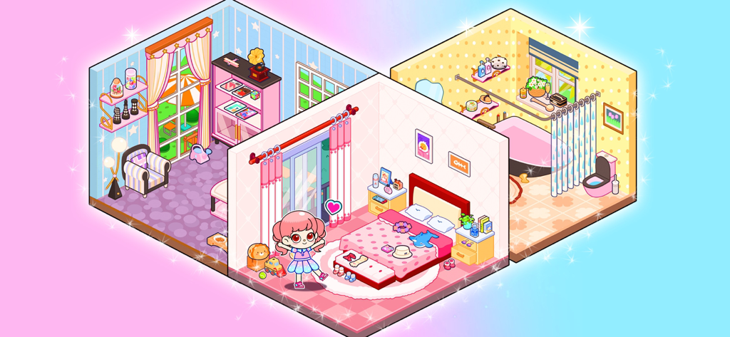 Avatar Home Maker Games World - A colorful isometric view of three decorated rooms including a bedroom, living room, and bathroom in a digital dollhouse game.