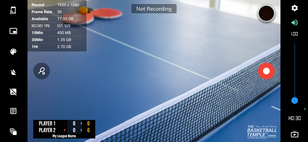 BT Table Tennis Camera app interface showing a table tennis table with recording statistics and a scoreboard overlay