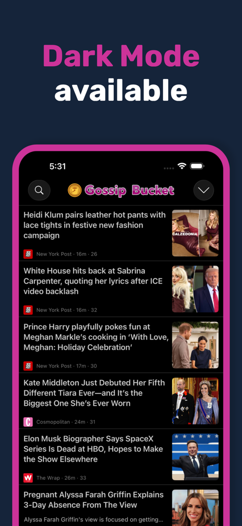 Gossip Bucket Celebrity News - Gossip Bucket app showing celebrity news headlines in a dark mode interface