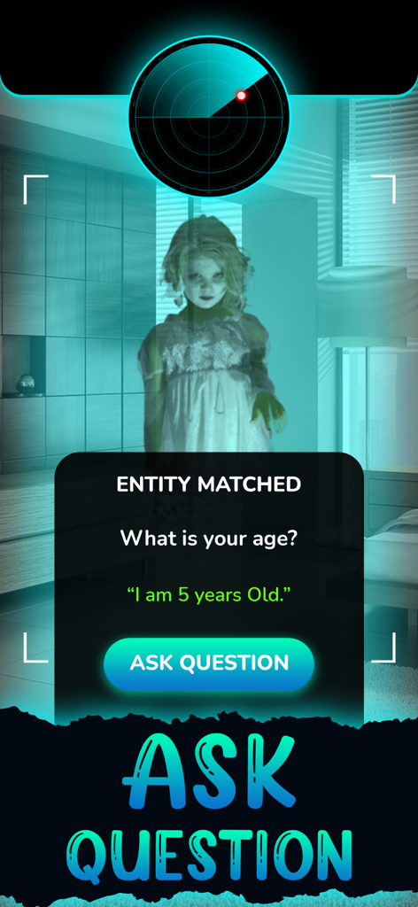 Oberfläche einer Geisterdetektor-App, die ein AR-Geistermädchen und einen Radarschirm zeigt