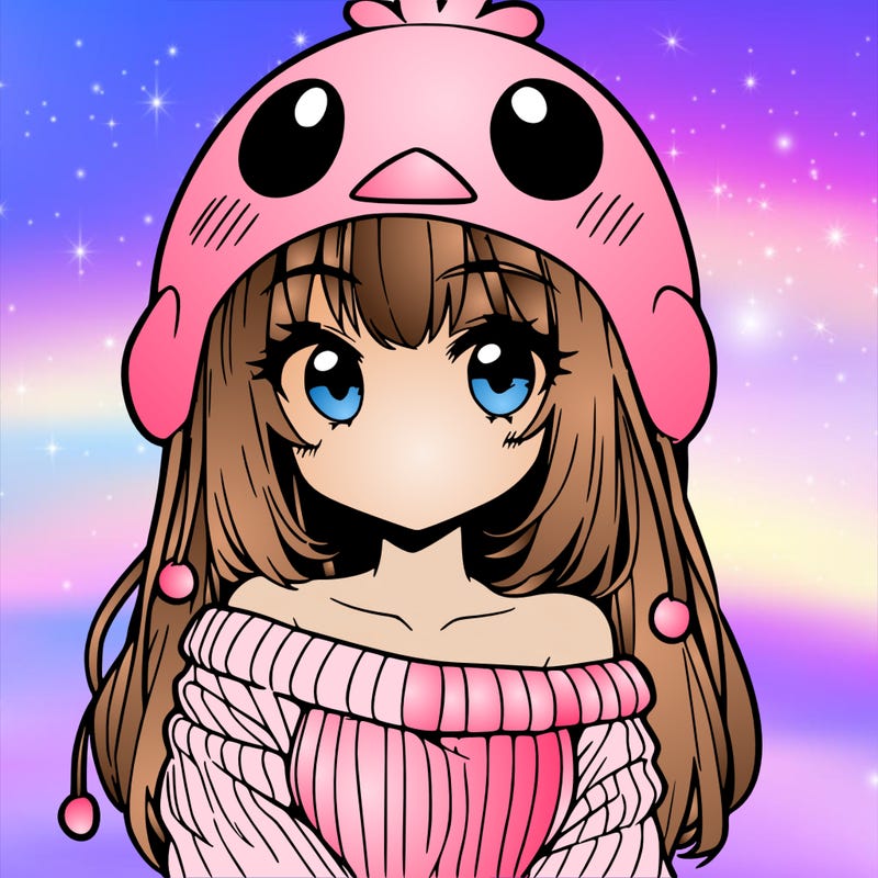 anime girl with chick shaped hat with sweater with bare shoulders with bangs covering them one eye with low tail