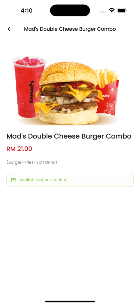 Ahmads Fried Chicken - Mad's Double Cheese Burger Combo menu item details on the Ahmad's Fried Chicken app