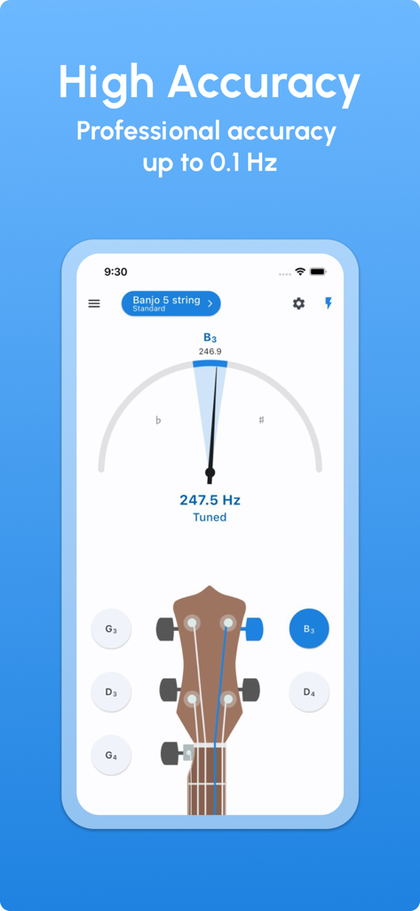 Banjo Tuner - LikeTones - Banjo tuner app screen showing professional tuning accuracy up to 0.1 Hz for a five string banjo