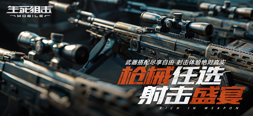 A lineup of detailed sniper rifles with scopes featuring Chinese promotional text for the game Blood Strike