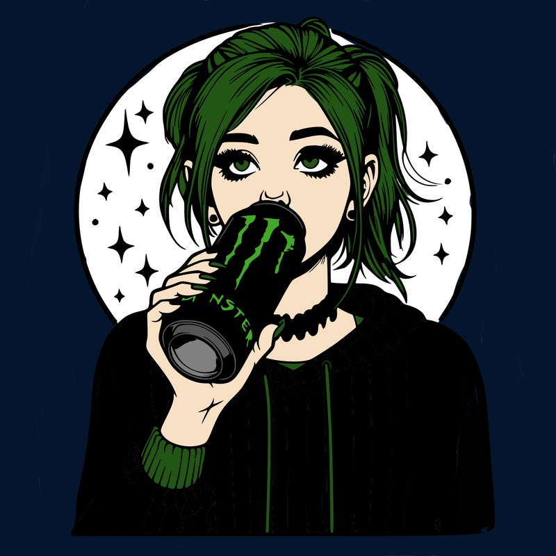 realistic girl drinking monster energy drink