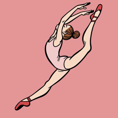 gymnast doing a leap in a leotard with a bent back leg