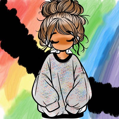 girl with baggy sweatshirt and messy bun