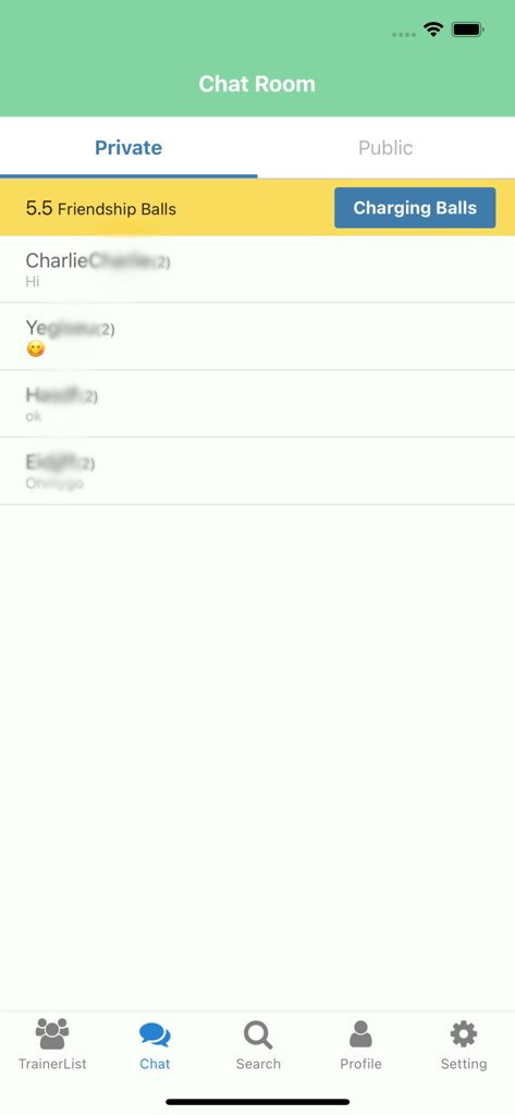 Ein Screenshot der Poke Friends App, der die Liste der privaten Chaträume mit Nachrichten von anderen Trainern zeigt