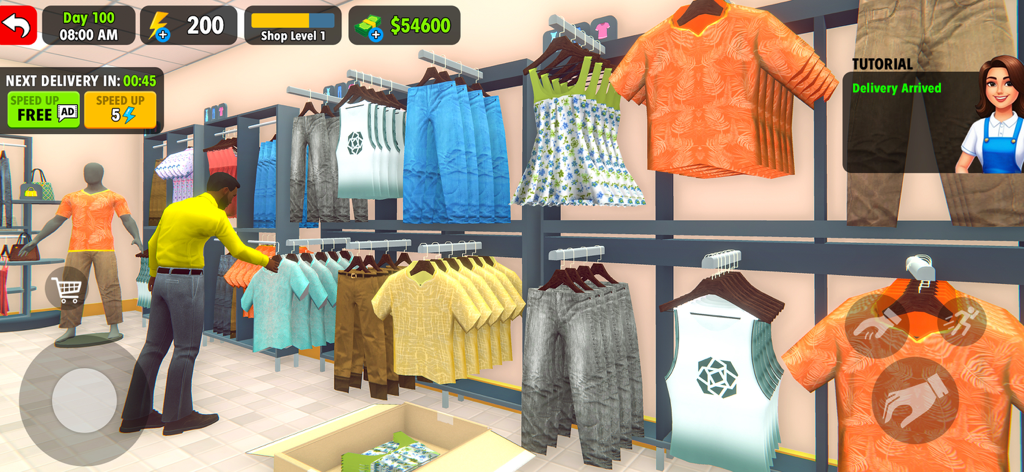 A character managing a 3D clothing store with racks of shirts and pants