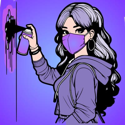 realistic girl with mask spray painting a wall