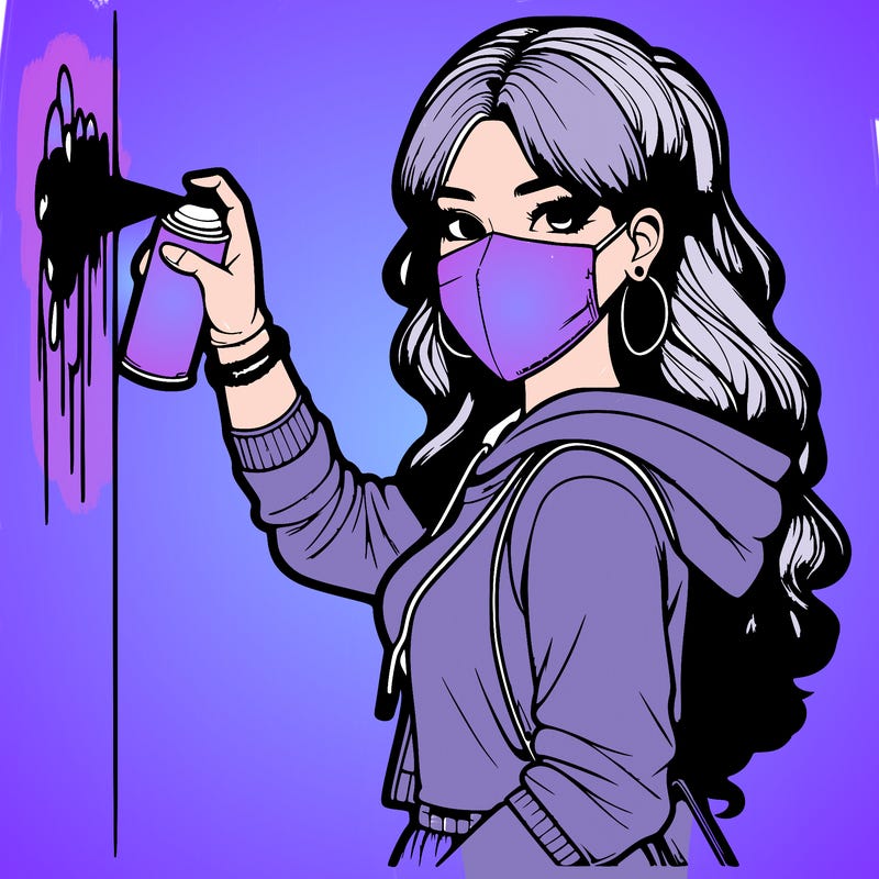 realistic girl with mask spray painting a wall