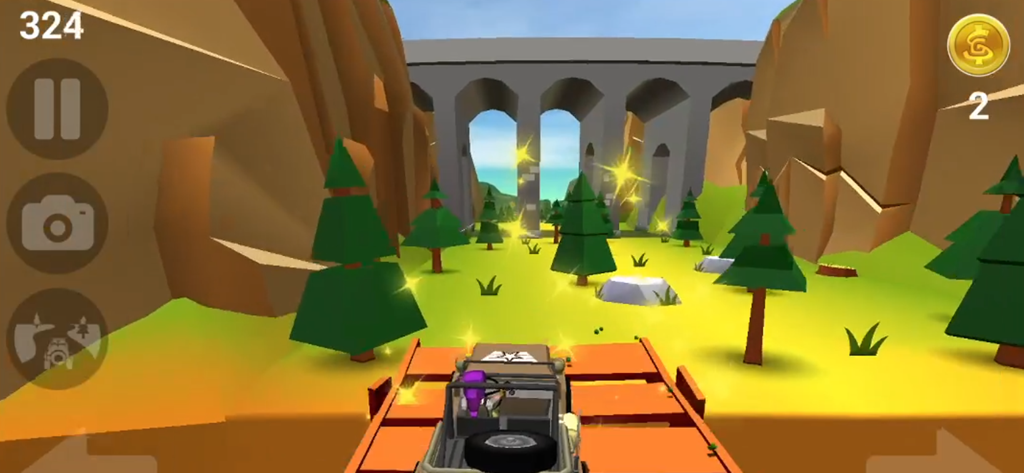 Faily Brakes Classic - Gameplay of Faily Brakes Classic in landscape mode showing a vehicle driving through a canyon towards a stone bridge