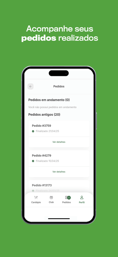 Schermata dello smartphone che mostra la pagina della cronologia ordini dell'app Cabana Burger con un elenco di ordini di cibo precedenti.