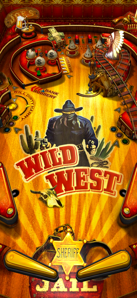 Wild West Pinball - Una vista cenital de la mesa de juego Wild West Pinball con gráficos temáticos del Oeste e ilustración de un vaquero