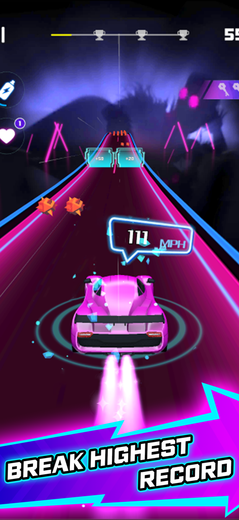 Rhythm Racer Music Go - A pink sports car racing on a neon cyberpunk track in Rhythm Racer Music Go with the caption Break Highest Record.