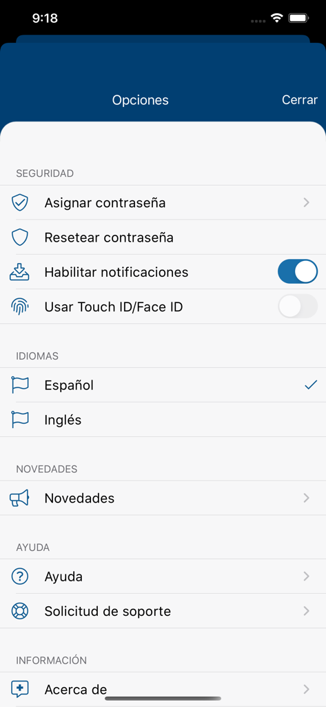 miCita previa - Settings screen of the miCita previa app with language and security options