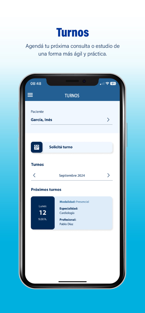 Sanatorio Mater Dei - Interfaz de la aplicación del Sanatorio Mater Dei que muestra la programación de citas médicas y las próximas visitas