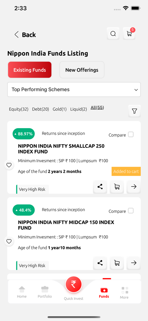 Nippon India Mutual Fund - Schermata dell'app Nippon India Mutual Fund che mostra un elenco di fondi di investimento con categorie come debito azionario e oro