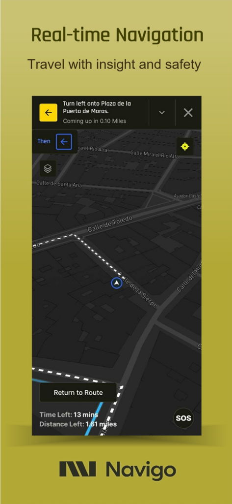 Aplicativo móvel Navigo Assistant mostrando navegação em tempo real e botão SOS de emergência