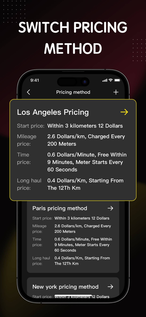 Taxi Meter & GPS Speedometer - Smartphone interface showing custom taxi meter pricing methods for different cities including Los Angeles and Paris