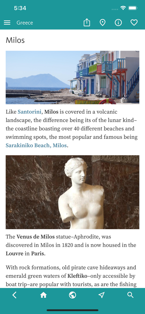 Mobile App-Bildschirm für Milos, Griechenland, mit lokaler Landschaft und der Statue der Venus von Milo