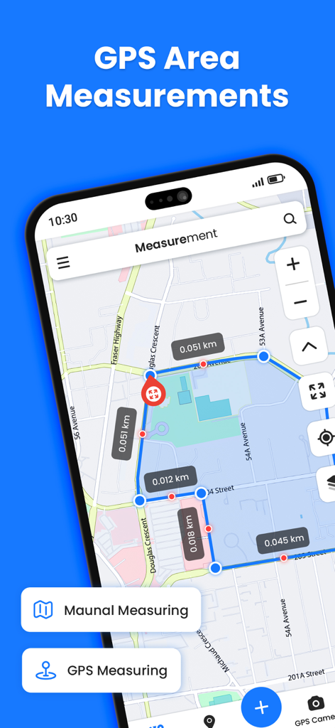 AreaMate - AreaMate app interface showing a land area measurement on a map with a blue polygon and distance labels
