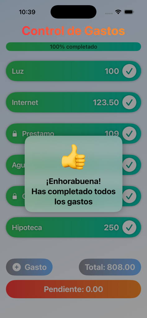 Control de Gastos Sencillo - Una pantalla de aplicación móvil que muestra una lista de gastos pagados y un mensaje de éxito