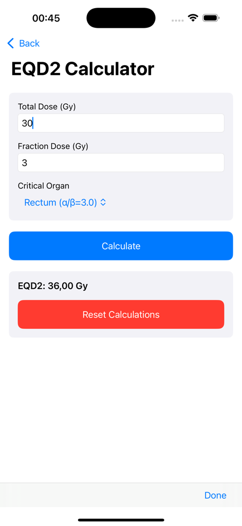 Interface of the EQD2 Calculator in the Radiotherapy Tools app showing input fields for dose and organ selection
