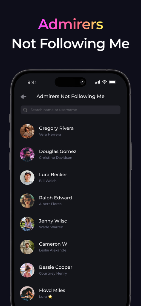 Reports+ for Followers Tracker - Reports plusアプリで、ユーザーをフォローバックしていない賞賛者のリスト
