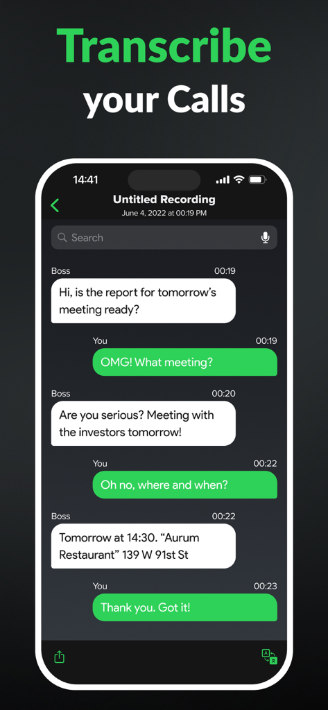 Call Recorder for iPhone. - Transcription vocale automatique de l'appel téléphonique enregistré sur l'interface de l'application Enregistreur d'appels pour iPhone.