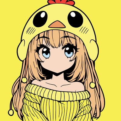 anime girl with chick shaped hat with sweater with bare shoulders with bangs covering them one eye with low tail