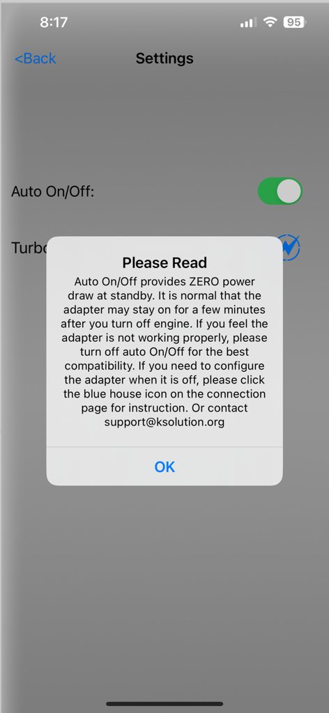 LELink Scanner - LELink Scanner settings screen showing an information pop-up about the auto on off power feature for the OBD2 adapter