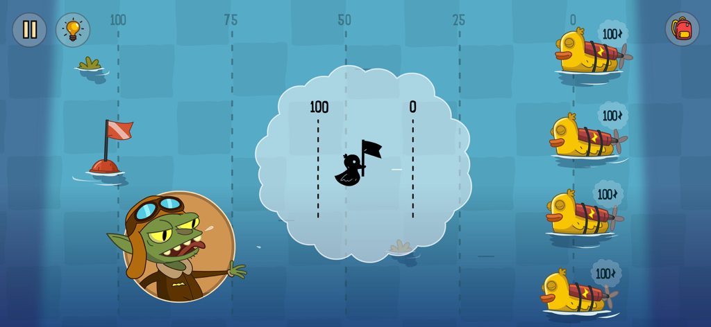 Lost in Play - Un personaggio goblin in abito da pilota presenta un enigma con paperelle di gomma meccaniche.