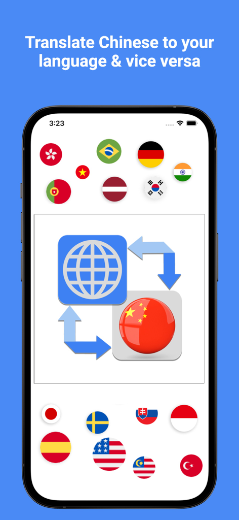 Chinese Translator Pro : ChiGo - 翻訳のための様々な国際的な国旗が表示された、中国語翻訳プロのアプリインターフェース
