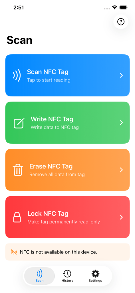 NFC Reader & Writer – NFC Tool - Main menu of the NFC Reader and Writer app showing scan write erase and lock options