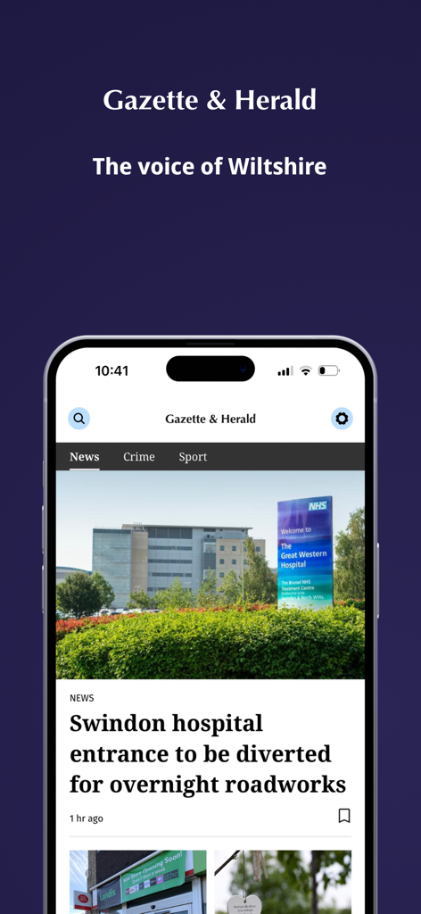 A screenshot of the Wiltshire Gazette and Herald mobile app displaying local news from Swindon.