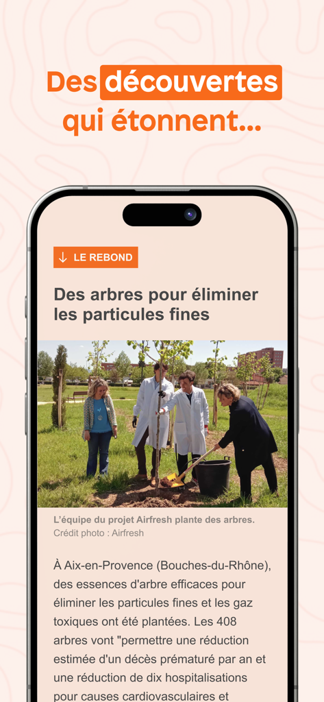 Brief.science - IPhone screen displaying a Brief.science news article about planting trees to reduce urban air pollution.
