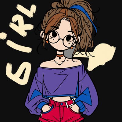 girl with a messy ponytail glasses a baggy crop top and jean shorts