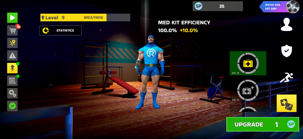 Rope Hero: Mafia City Wars - A blue superhero character in a training gym showing the med kit efficiency upgrade menu